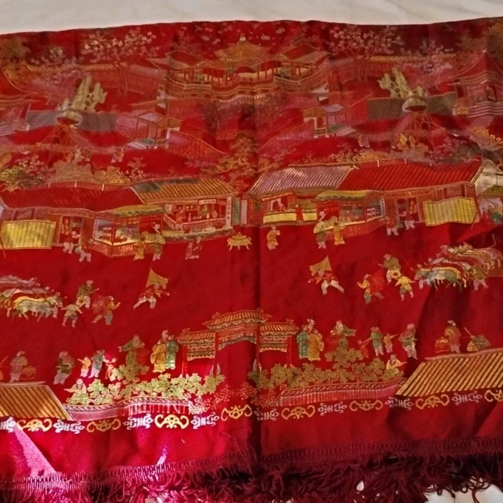 Vintage Asian Brocaded Flowers Silk Embroidered Red Square Fringe Tablecloth